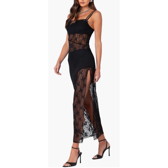 Edikted Mesh Dress in Black Size XS Sheer Lace Adjustable Straps Floral Pattern - Picture 2 of 9